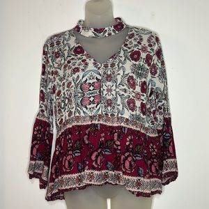 True Craft Boho Floral Cut-Out Choker Neck Peasant Blouse Size L